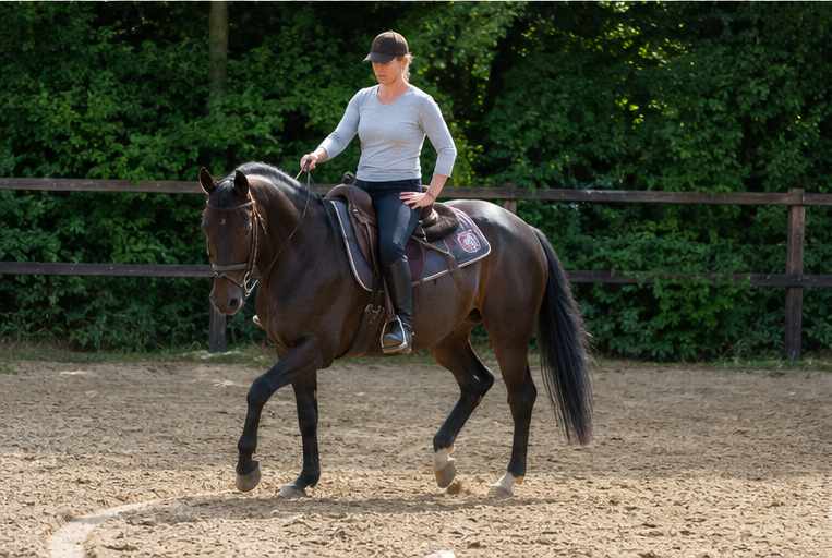Reiterin reitet ein dunkles Pferd einhändig auf gebogener Linie