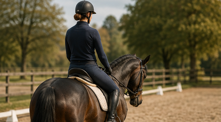 Reiterin und Pferd von hinten auf dem Reitplatz